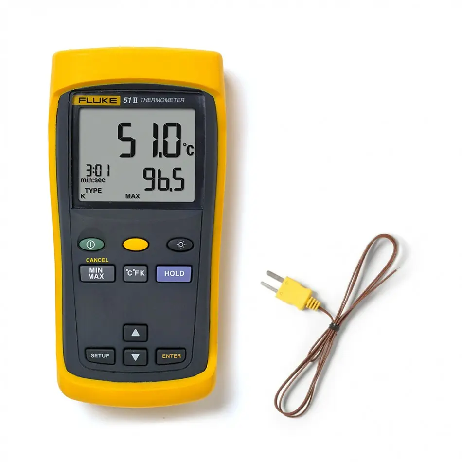 Termómetro digital de contacto de un canal para termopar. Velocidades de respuesta y precisión prácticamente de laboratorio. Incluye Termopar tipo K Fluke 80PK-1 