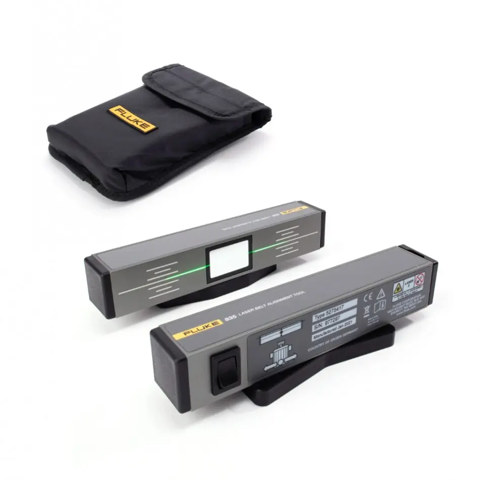 Paquete alineador láser de poleas y correas de transmisión. Incluye un emisor láser verde tipo abanico, una unidad reflectora y estuche suave de transporte