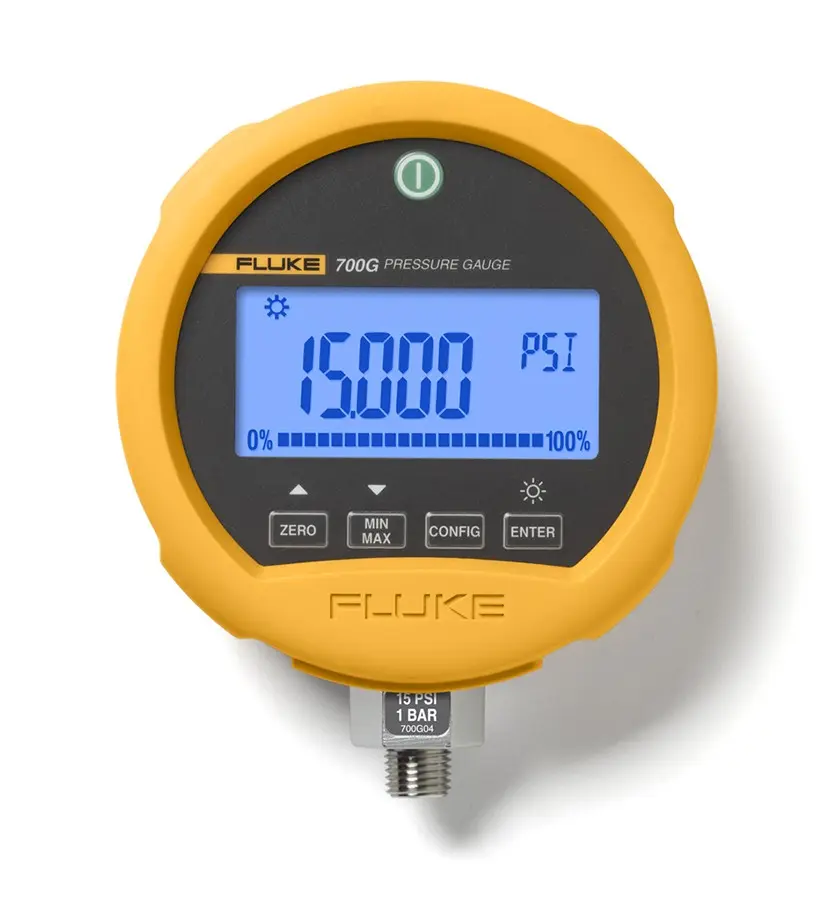 Medidor de presión (Manómetro) de 10,000 psi; precisión de 0.05% y sensibilidad de 1 psi; tiene conexión USB para la PC, el equipo cuenta con display LCD; conector tipo: NPT 1/4. Modelo Fluke 700G31