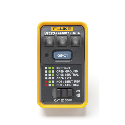 Probador de Tomacorriente Eléctrico Estándar o GFCI con Señal Acústica, Con LEDs de Alto Brillo y Gráfico Incluido Para Verificar Rápida y Fácilmente el Cableado - Fluke ST120+