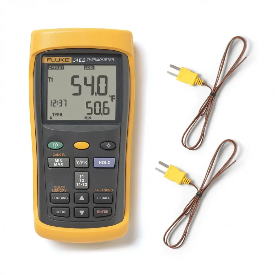 Termómetro digital de contacto de 2 canales para termopar. Com registro de datos y conexión USB. Velocidades de respuesta y precisión prácticamente de laboratorio. Incluye 2 Termopares tipo K Fluke 80PK-1