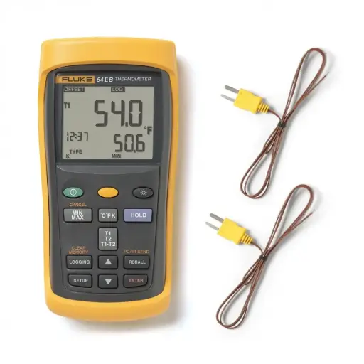 [FLUKE-54-IIB] Termómetro digital de contacto de 2 canales para termopar. Com registro de datos y conexión USB. Velocidades de respuesta y precisión prácticamente de laboratorio. Incluye 2 Termopares tipo K Fluke 80PK-1